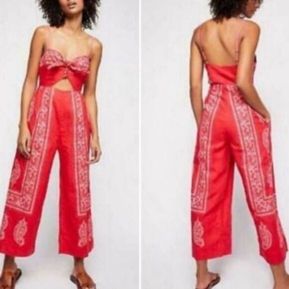 Free People Pants - Free People Feel the Sun Red Bandana Paisley Cutout Cropped Jumpsuit Linen Cotto